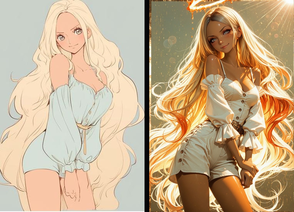 Reference crop vs final pipeline output — same character, transformed through the full pipeline