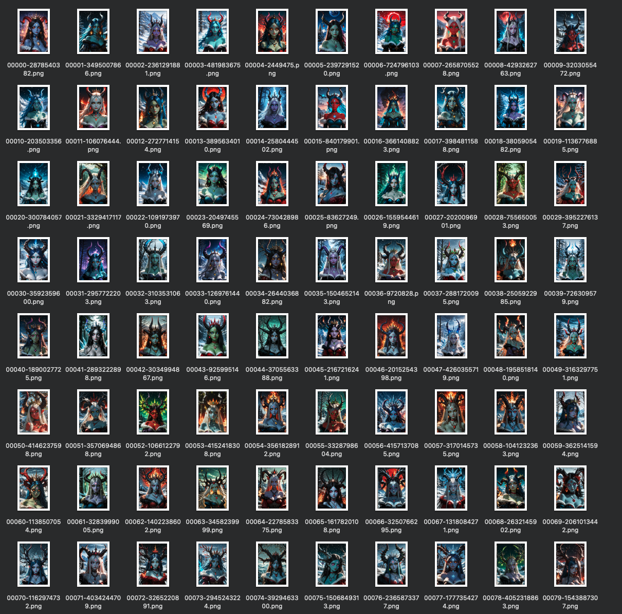 Batch generation output — 80 variations from one recipe