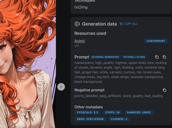 A Civitai image page showing the generation data — this is where I grab prompts to remix