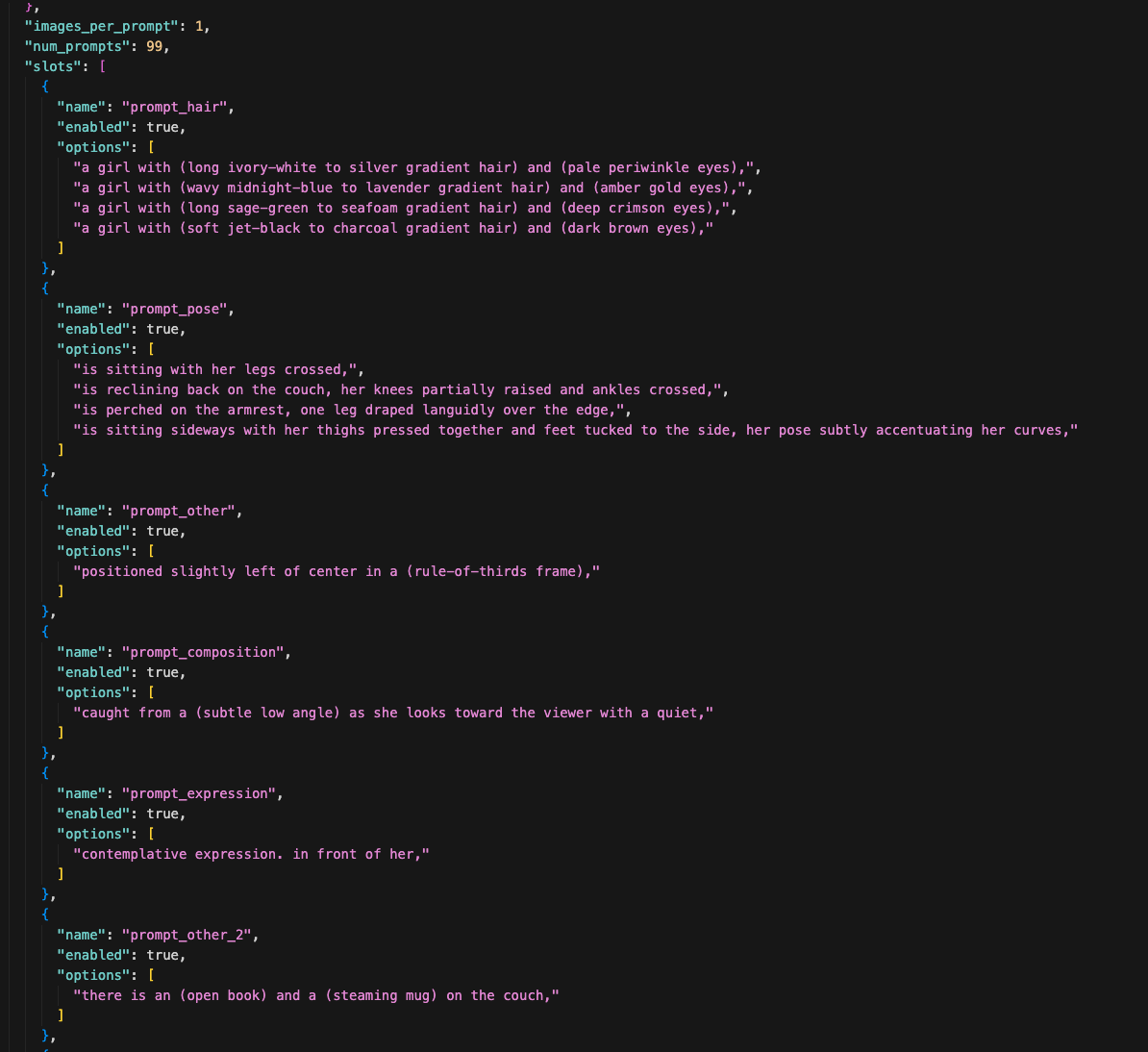 The splitter output — a JSON recipe with named slots, each containing an array of options the generator will randomly combine