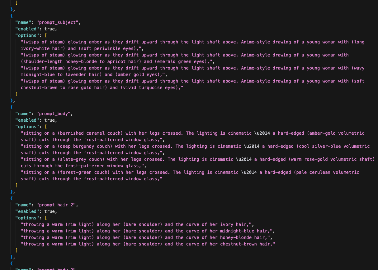 Real edits from this recipe — prompt_subject got completely rewritten with 4 hair/eye combinations, prompt_body just changes the couch color and lighting tone, prompt_hair_2 changes one word per option